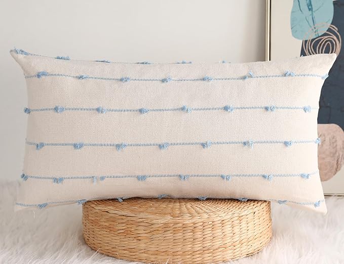 NUYECY Boho Long Lumbar Pillow Covers 16 x 26 Blue,Classic Stripe Pattern Cotton Decorative Long Lumbar Pillow Case Cushio...