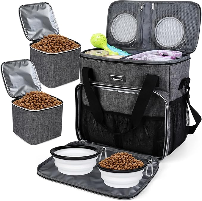 BAGLHER Dog Travel Bag, Pet Travel Bag (ALL Pet Travel Supplies), With 2 Pet Food Containers and 2 Collapsible Silicone Bo...