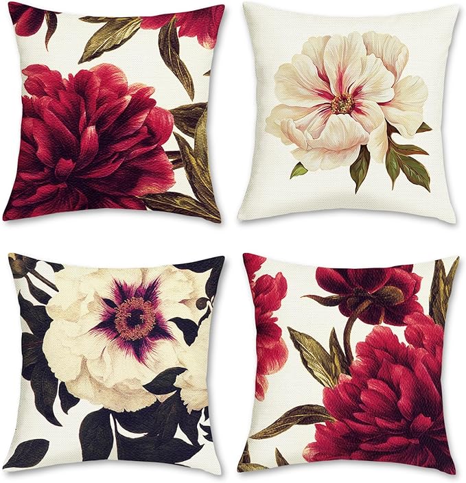 Bonhause Peony Floral Throw Pillow Covers 18x18 Inch Burgundy Red Flower Outdoor Decorative Pillow Cases Polyester Linen C...