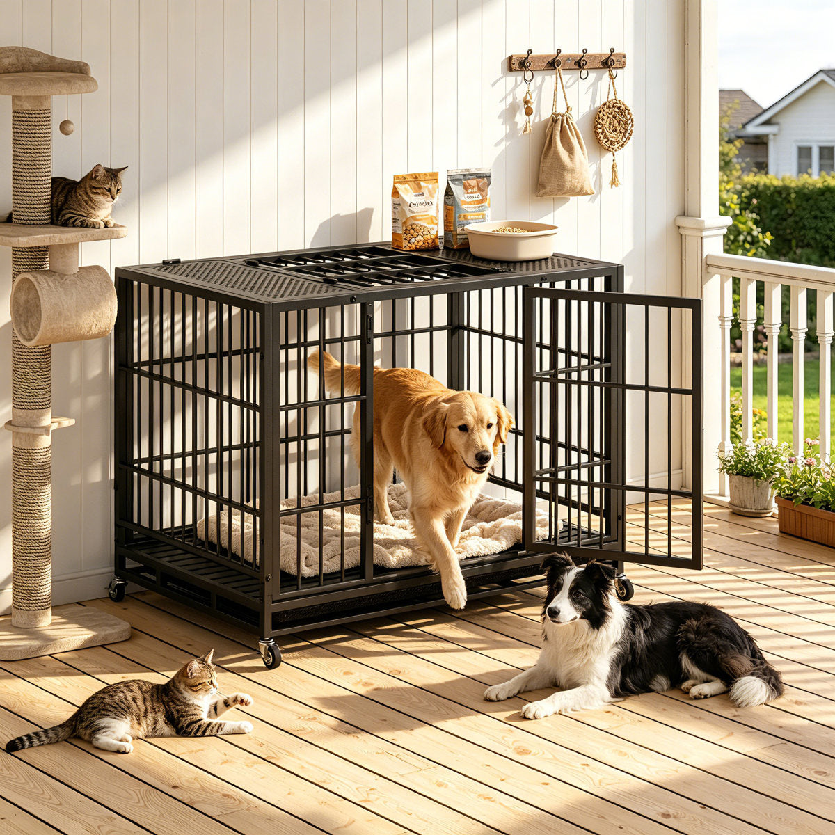 Heavy Duty Dog Crate , Mobile Pet Kennel with Lockable Wheels & Rotary Twist-Latch, Indoor Outdoor Metal Cage with Perforated Top