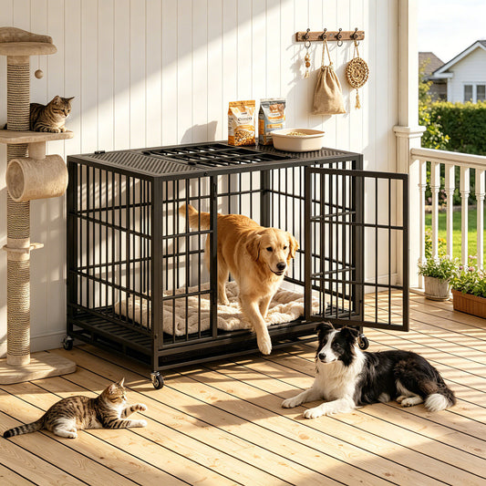 Heavy Duty Dog Crate , Mobile Pet Kennel with Lockable Wheels & Rotary Twist-Latch, Indoor Outdoor Metal Cage with Perforated Top