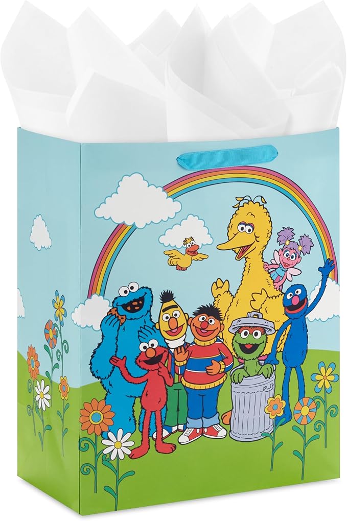 Hallmark Sesame Street 13" Large Gift Bag with Tissue Paper (Big Bird, Elmo, Grover, Cookie Monster) for Birthdays, Christ...