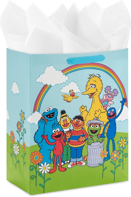Hallmark Sesame Street 13" Large Gift Bag with Tissue Paper (Big Bird, Elmo, Grover, Cookie Monster) for Birthdays, Christ...