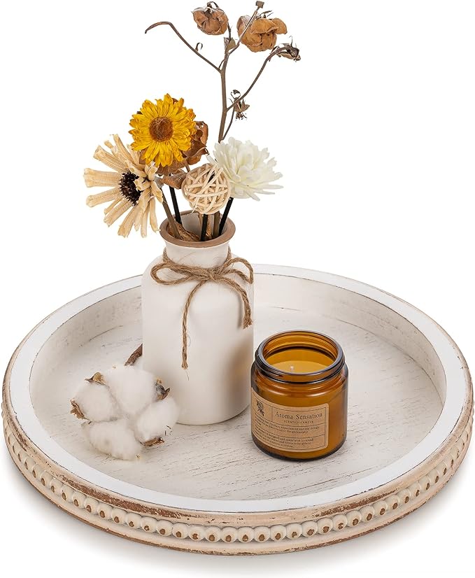 Hanobe Round Wooden Decorative Tray: White Washed Bead Tray Decor for Coffee Table Centerpiece Rustic Farmhouse Tray for K...