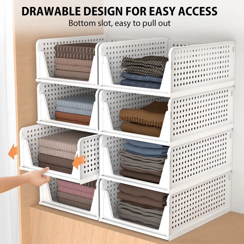 4-Pack Stackable Foldable Storage Drawers - White Large Capacity Closet Organizers for Bedroom, Kitchen, Home Plastic Bins