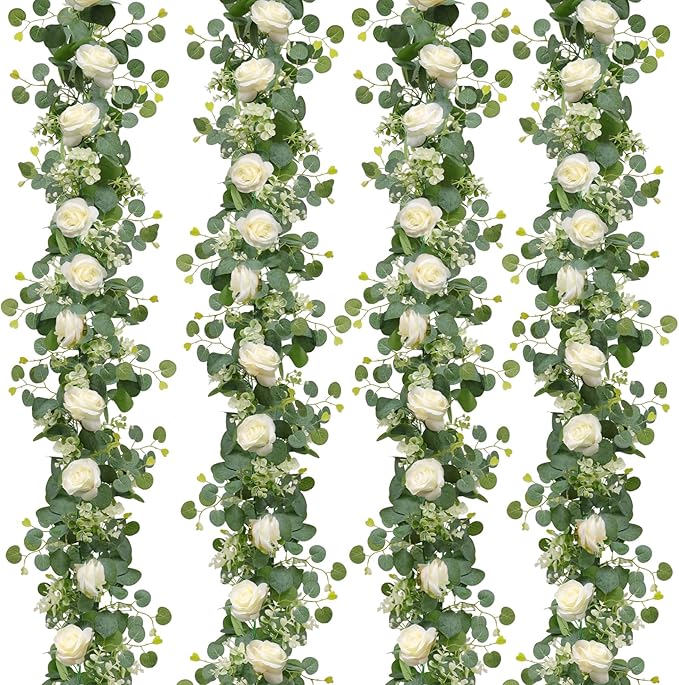 TOCHGREEN 4Pcs(26 Ft) Artificial Eucalyptus & White Rose Flower Garland, Faux Rose Vine & Gypsophila Greenery for Party & ...