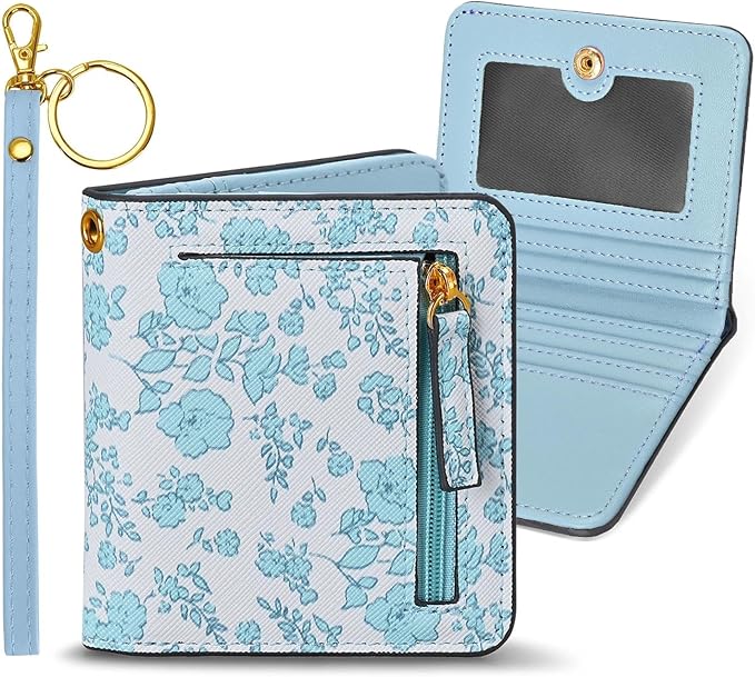 COSHAYSOO Personalized RFID Slim Bifold Wallet for Women Teen Girls with Wristlet Keychain, Blue Small Wallets Woman Cute ...