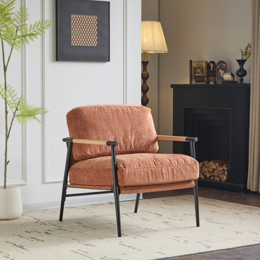 27.56  Modern Accent Chair With Plush Cushions, Minimalist Metal Frame, And Wooden Armrest Design -Perfect For Cozy Living Room, Bedroom, Or Office Seating