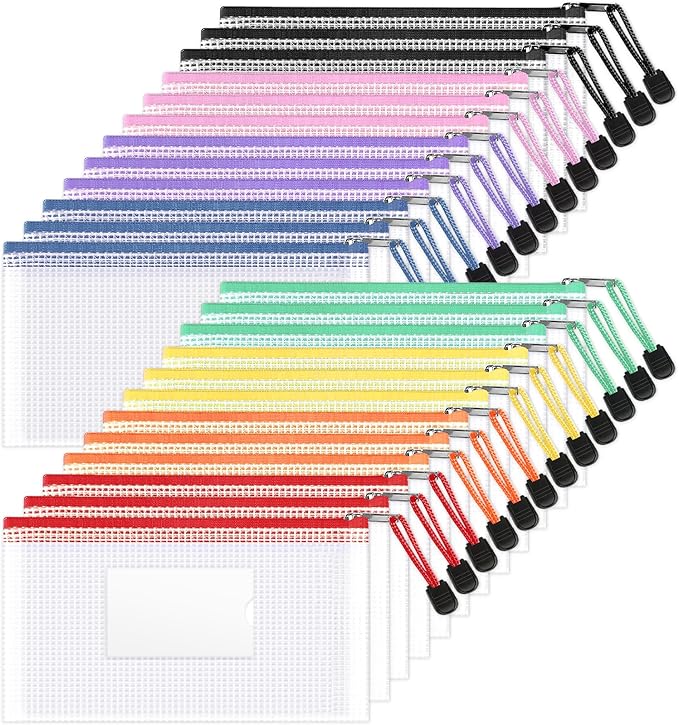 Sooez 24 Pack Mesh Zipper Pouch Bags with Label Pocket, A6 (9.1×4.7 in) Small Pencil Case Pouch for Organizing, Clear Plas...