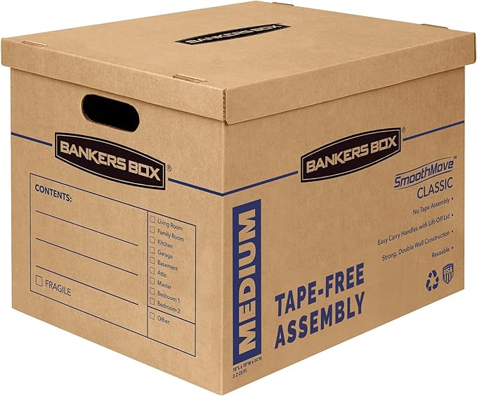 Bankers Box Medium Classic Moving Box 8 Pack, Reinforced Handles, Tape-Free Assembly, Box with Lid, 19-in x 14.5-in x 15....