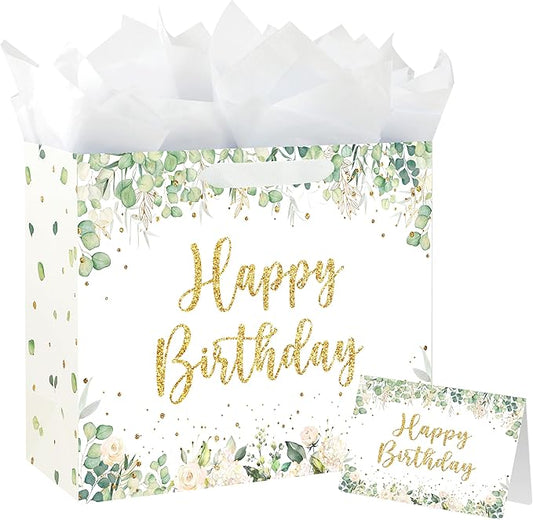 Yusenguan 13" Sage Green Birthday Gift Bag with Tissue Paper and Greeting Card for baby Girls or Boy Women Men Birthday Party