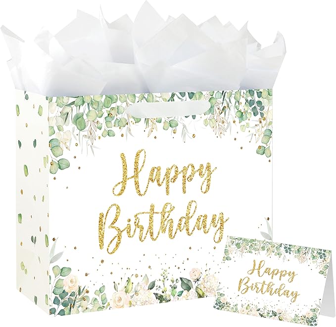 Yusenguan 13" Sage Green Birthday Gift Bag with Tissue Paper and Greeting Card for baby Girls or Boy Women Men Birthday Party