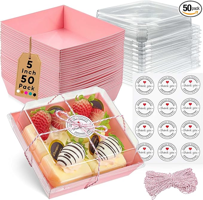Leafiew 50 Pack Small Clear Treat Boxes - Dessert Boxes To Go - 5Inch Disposable Paper Mini Containers for Cookie, Cake Sl...