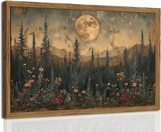Vintage Nature Forest Wall Art Dark Moon Landscape Painting Wall Decor Woodland Picture Artwork 3D Textured Hand Drawn San...