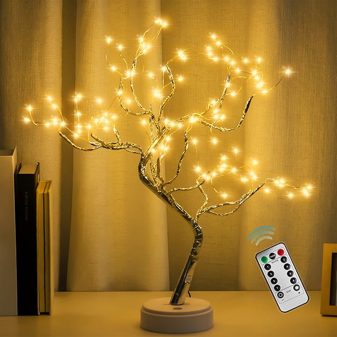 PXBNIUYA 108 LED Sparkly Fairy Tree Lamp, Warm White, Remote Control, USB/Battery, 8 Modes, DIY Bonsai Decor, Festival Dec...