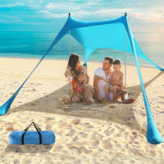 Beach Tent - 9.8 * 6.5 FT Beach Canopy, Portable Beach Tent Sun Shelter UPF50 with 4 Sandbags, 2 Stability Poles Ground Pe...