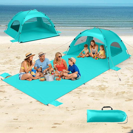 Beach Tent Sun Shelter with Extended Sand Mat 114×82inch，UPF 50+ Protection, 3 Double-Layer Windows for Enhanced Privacy; ...