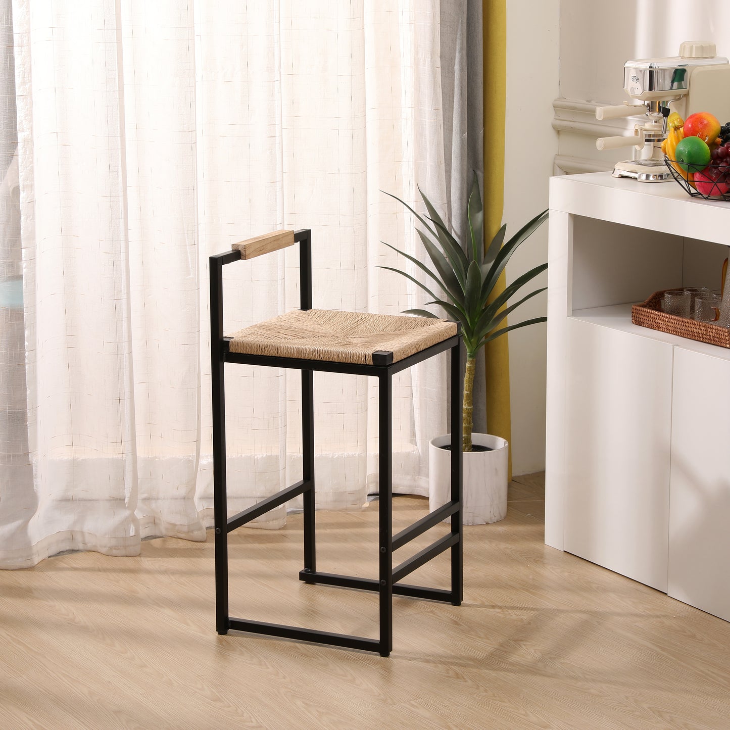 Set Of 2 Bar Stools With Back  Paper Rope Woven Counter Height Dining Chairs For Kitchen, Home  Paper Rope With Back