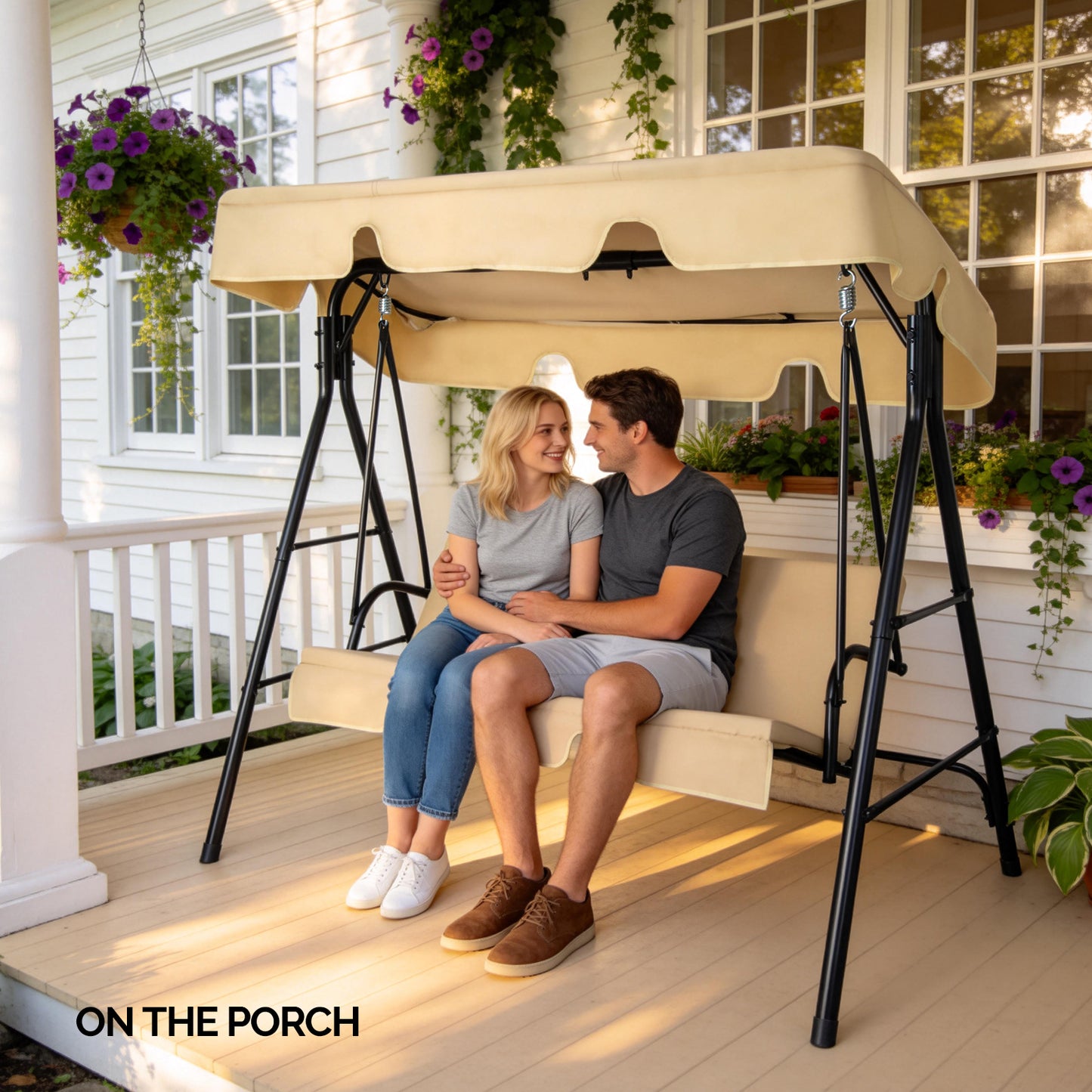 Outdoor Patio Swing Chair Set With Canopy, 3-Person Iron Frame Swing With Soft Cushions, 550lbs Capacity, Oxford Fabric, Khaki, Easy Assembly