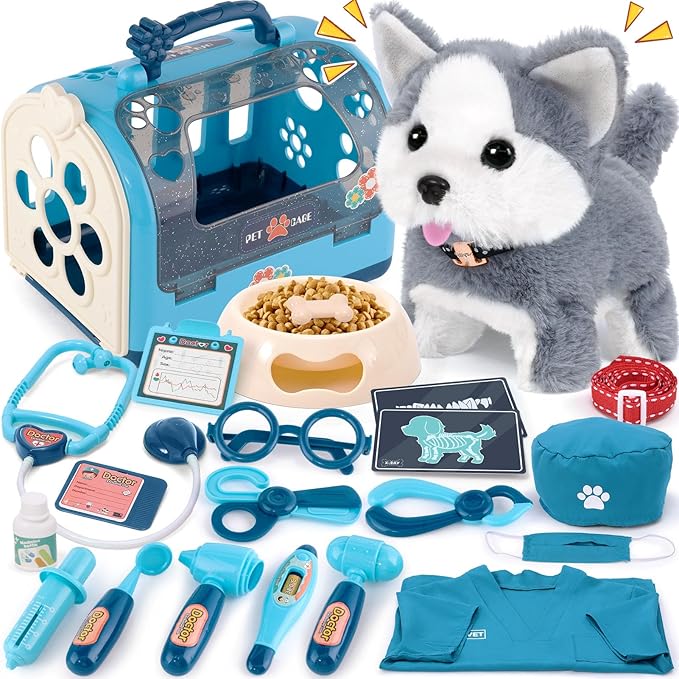 B Bascolor 22Pcs Dog Toys for Kids Vet Doctor Kit,Walking Barking Electronic Interactive Husky Dog Toy,Veterinarian Playse...