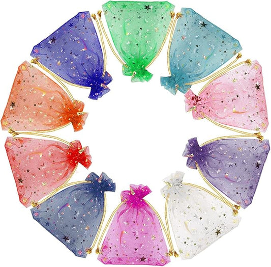 SUMAJU 100 Pieces Moon Star Organza Jewelry Candy Bags, 2.7x3.5 Inch Random Color Organza Favor Bags Gift Pouch with Draws...