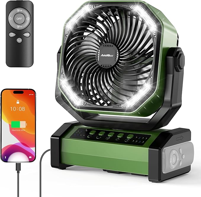 AddAcc 20000mAh Rechargeable Camping Fan - Battery Operated Fan with Light & Remote, Auto Oscillating, 4 Timer, 60 Hrs Wor...