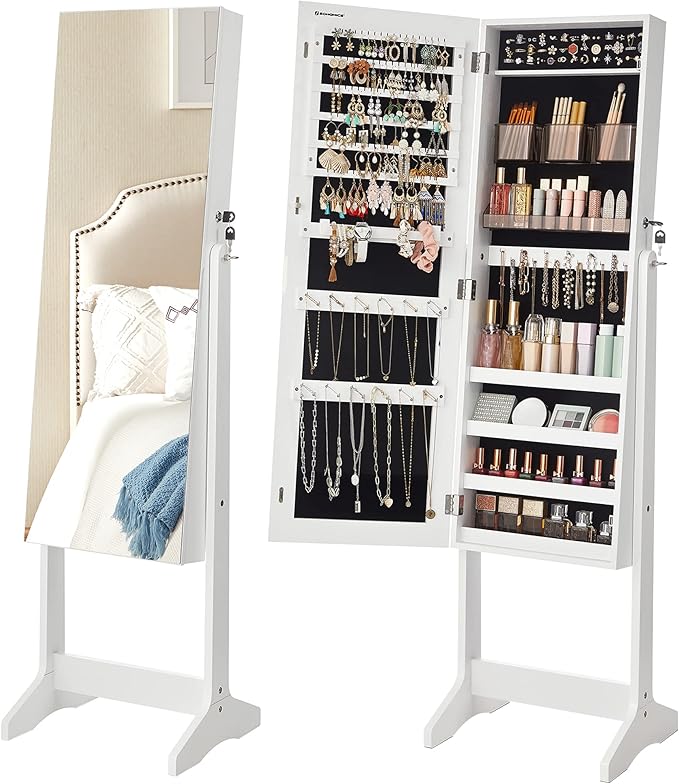 SONGMICS Jewelry Cabinet Armoire, Freestanding Lockable Storage Organizer Unit with 2 Plastic Cosmetic Storage, Full-Lengt...
