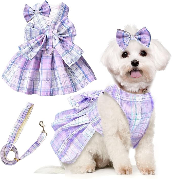 PETCARE Cute Dog Dress Clothes for Small Dogs Cats Girl Female Purple Plaid Bow Tie Dog Harness Dresses Leash Set with Pea...