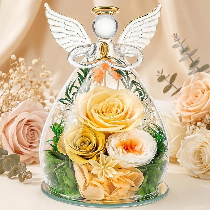Preserved Rose in Glass Angel Figurine, Mothers Day Gifts for Mom/Wife/Grandma, Forever Flowers Rose Anniversary, Graduati...