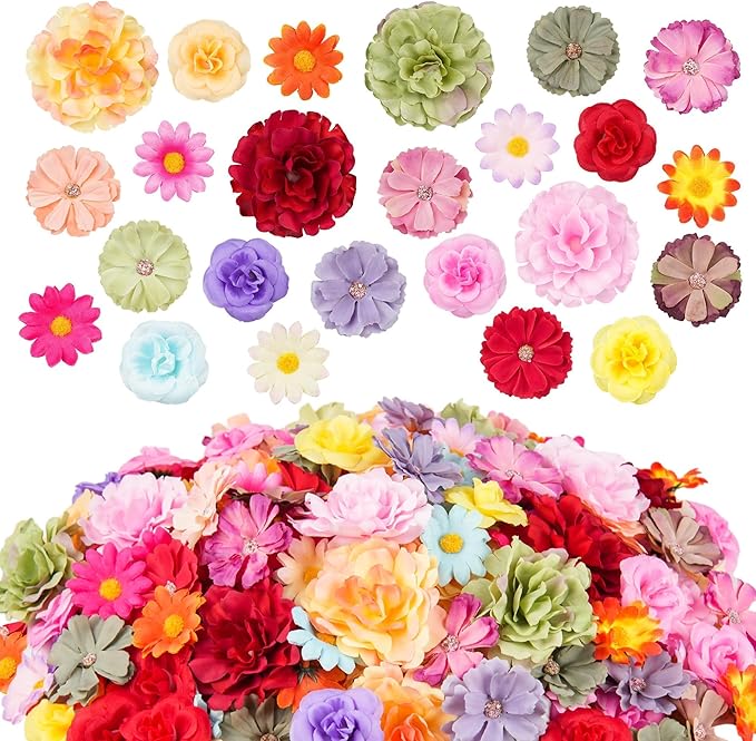 210 Pcs Mini Silk Flower Heads Small Fake Rose Daisy Faux Flowers Bulk for Crafts Artificial 3D Loose Fabric Flowers Heads...