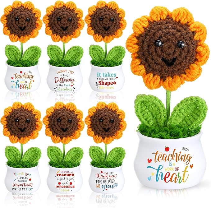 6 Pcs Teacher's Day Gift Bulk Teacher Appreciation Gift for Women Thank You Crochet Sunflower with Sticker Retirement Grad...