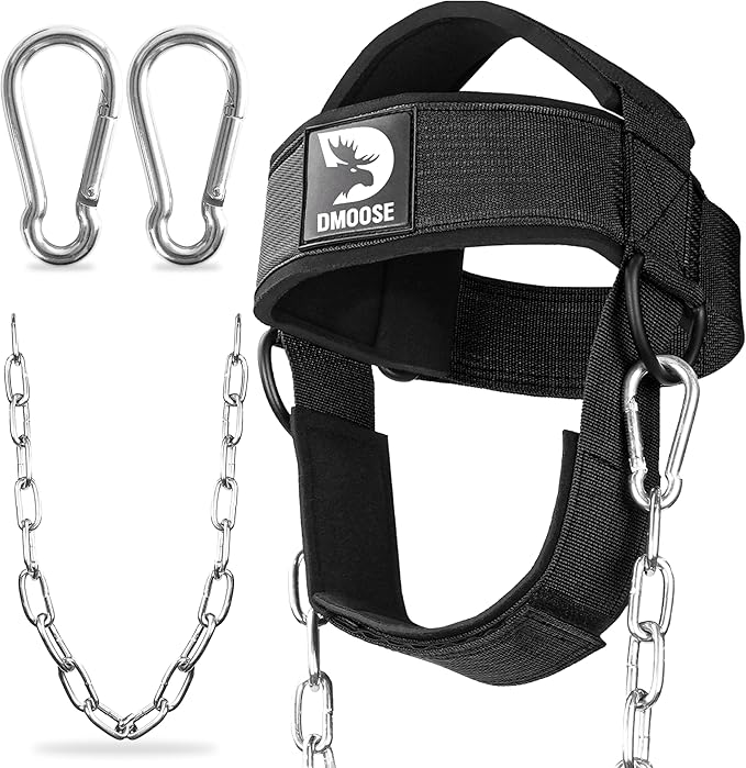 DMoose Fitness Neck Harness for Weight Lifting - Soft Padded Head & Chin Strap with 30" Heavy Duty Steel Chain - Neck Exer...