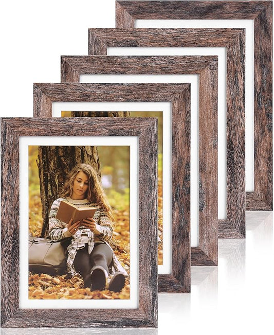 Fixwal 5x7 Picture Frames Set of 5, Rustic Brown Wood Grain with Tempered Real Glass, Vintage Photo Frames for Wall Decor ...