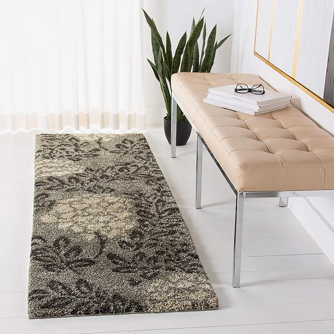 SAFAVIEH Florida Shag Collection Runner Rug - 2'3" x 7', Smoke & Dark Brown, Floral Design, Non-Shedding & Easy Care, 1.2-...