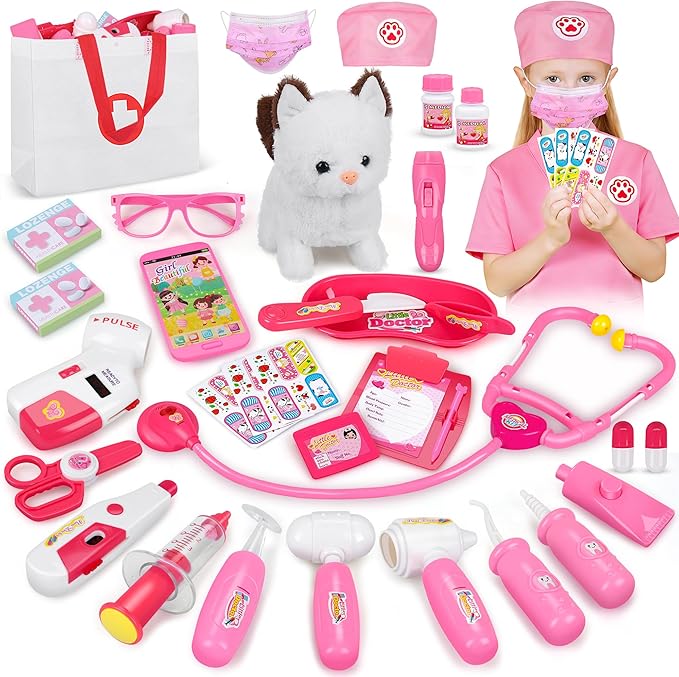 33Pcs Pet Doctor Kit for Toddlers - Dress Up Costume & Pretend Doctor Play Set with Cat Toy, Stethoscope, Portable Pet Vet...