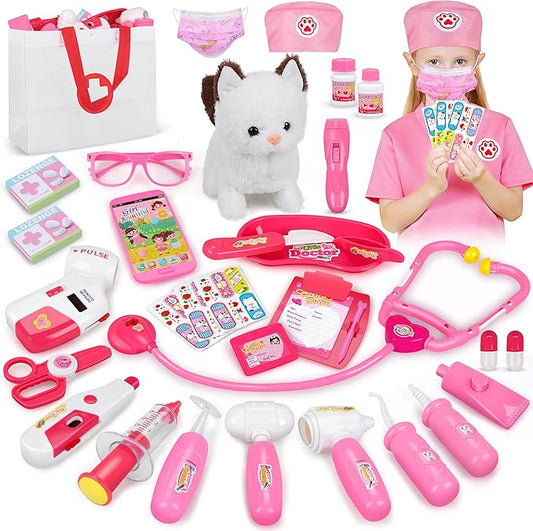 33Pcs Pet Doctor Kit for Toddlers - Dress Up Costume & Pretend Doctor Play Set with Cat Toy, Stethoscope, Portable Pet Vet...