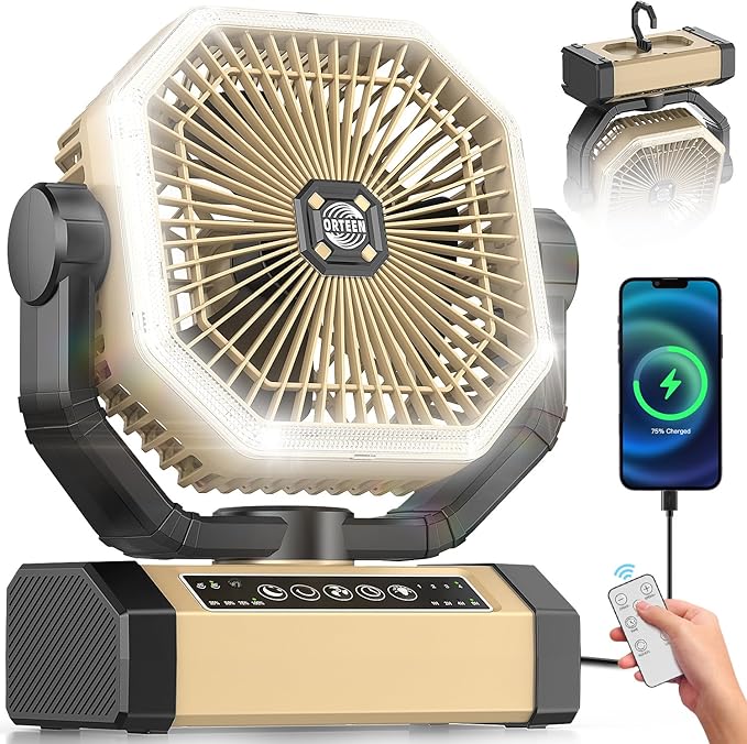 Orteen Camping Fan Rechargeable - 9-Inch Battery Powered Fan, 24000mAh(60Hrs) Battery Operated for Camping, Auto Oscillati...