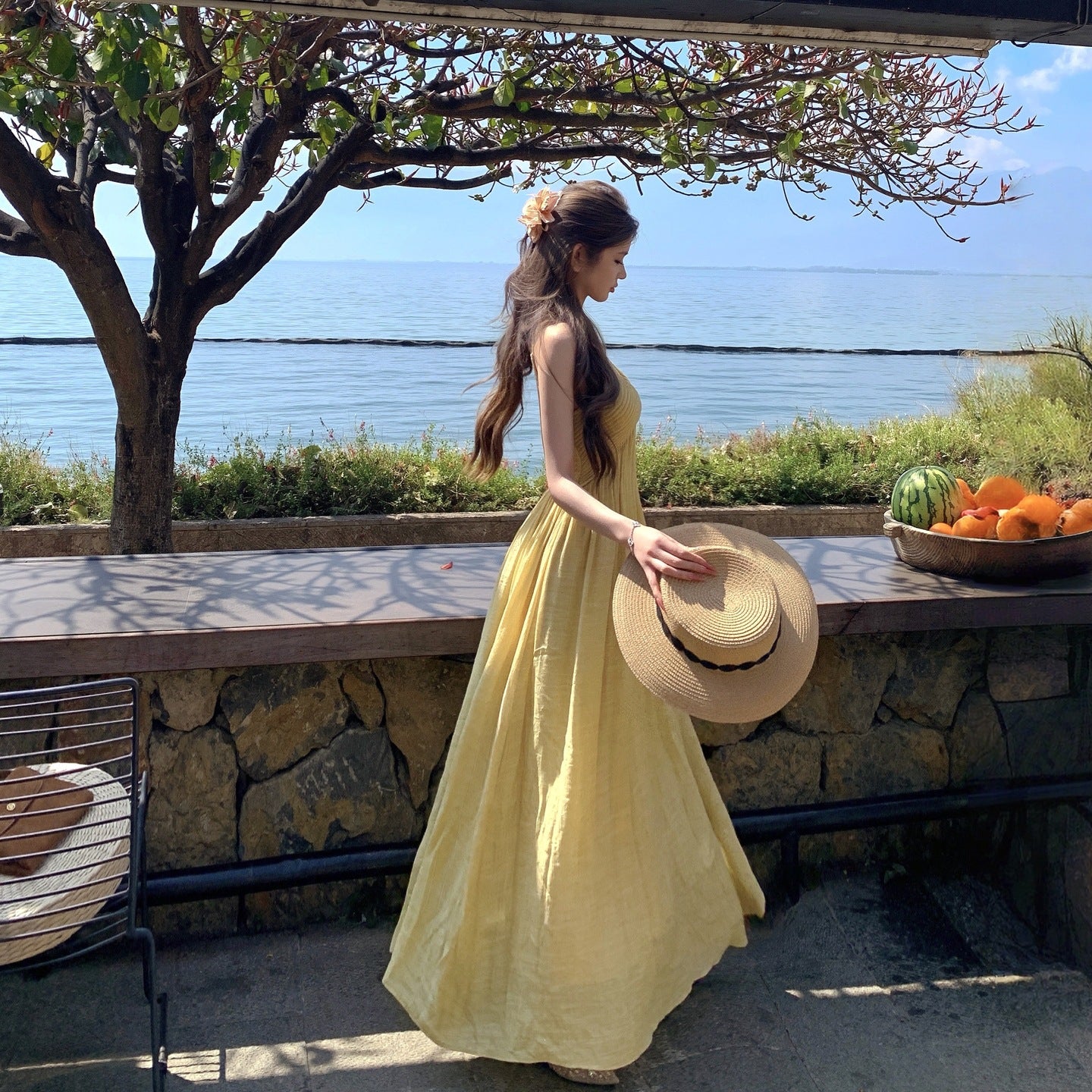 Stunning Yellow V-neck Tea-length Strap Dress For Summer