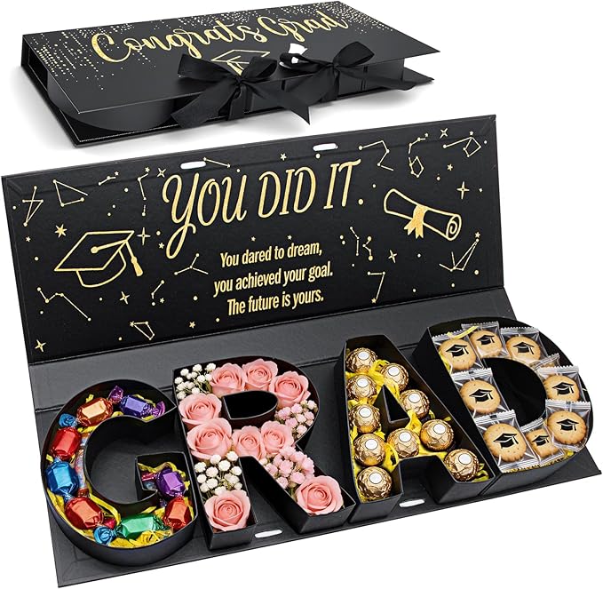 Graduation Gift Box 2026,GRAD Letter Shaped Fillable Cardboard Box for Graduation Gifts, Snacks, Flowers & More,Includes R...
