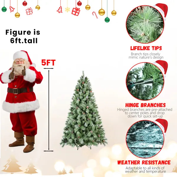 Artificial 5ft Green Christmas Tree With 694PVC/Hard Needle Mixed Branch Tips,Pine Cone,Hinged Premium & Foldable Base For Indoor Holiday Decorating