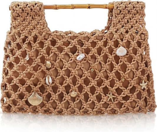 Sunnymove Women Crochet Woven Mesh Handbag Straw Seaside Beach Bag Vacation Summer Tote Purse Wedding Party Gift