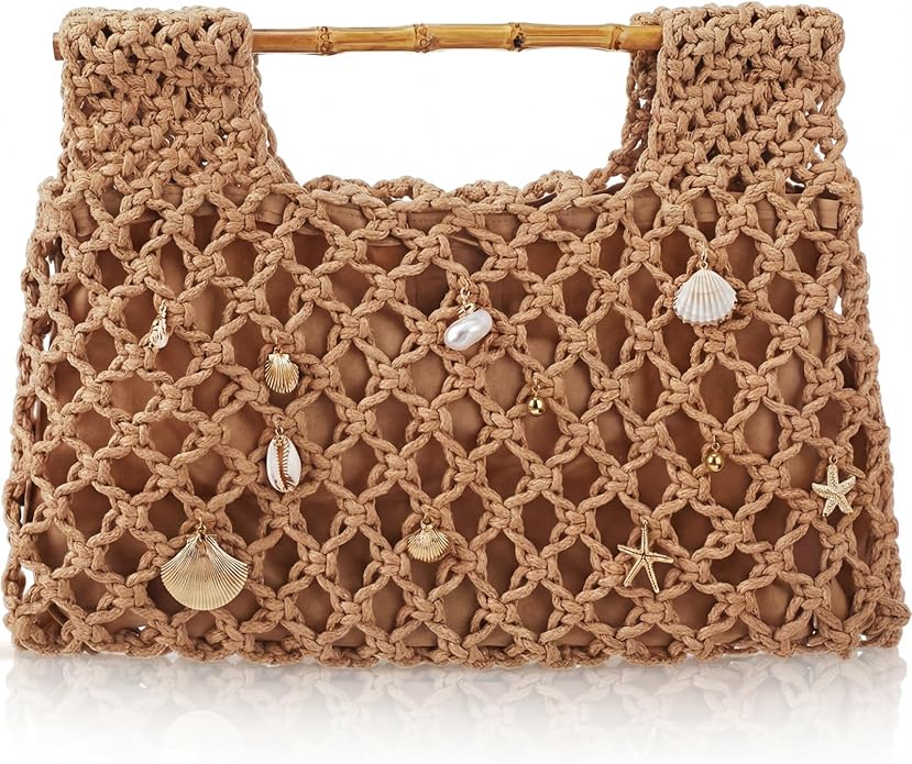 Sunnymove Women Crochet Woven Mesh Handbag Summer Seaside Beach Vacation Straw Tote Purse Wedding Party Gift