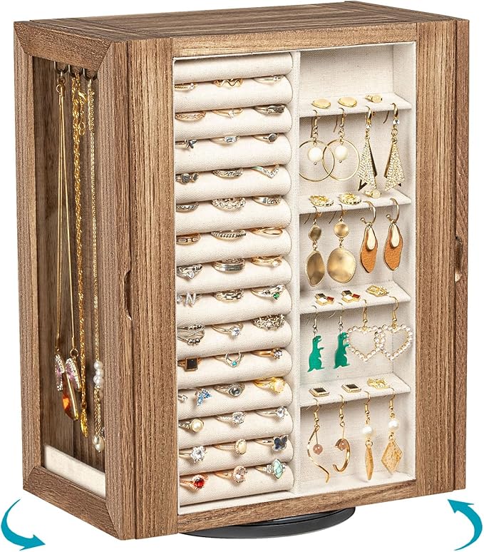 Emfogo 360° Rotating Jewelry Box for Women, Rustic Wooden Jewelry Organizer Box with 5 Drawers, Glass Doors, Vertical Open...