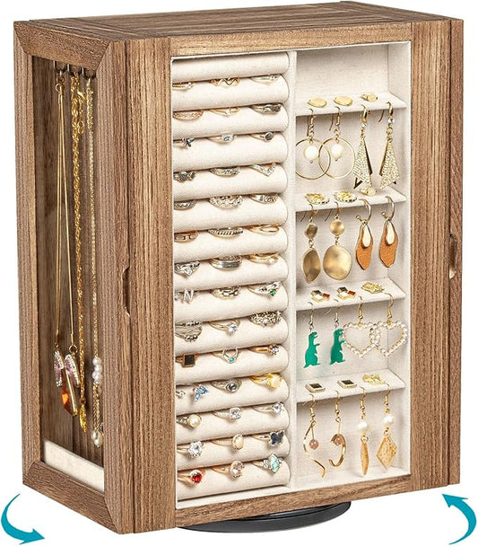 Emfogo 360° Rotating Jewelry Box for Women, Rustic Wooden Jewelry Organizer Box with 5 Drawers, Glass Doors, Vertical Open...