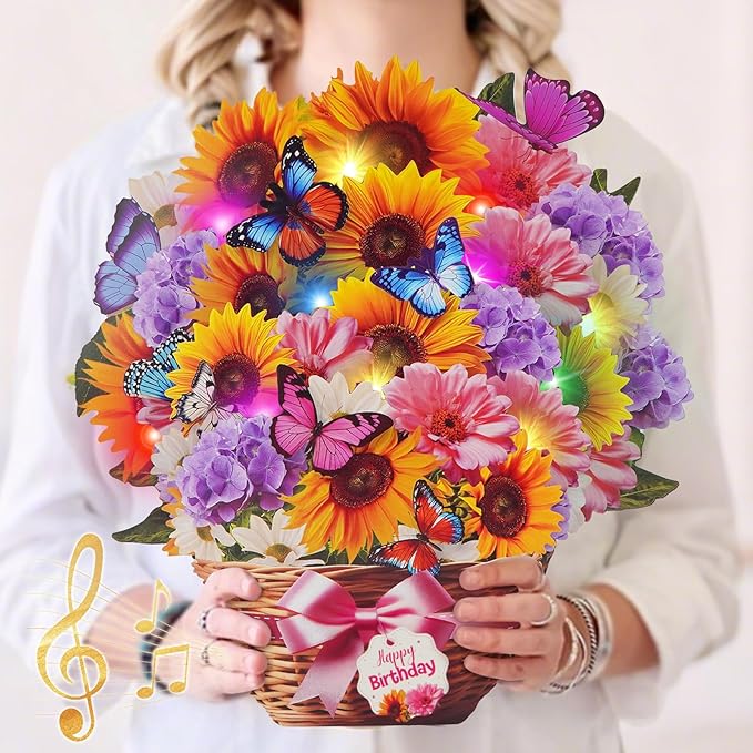 MZD8391 Birthday Cards with MUSIC & LIGHTS, Pop Up Happy Birthday Card, Sunflower & Butterfly, 10 Inch Life Sized Forever ...