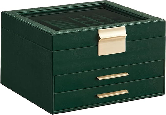 SONGMICS GISELLA Collection - Jewelry Box Organizer, 3-Layer Jewelry Storage with 2 Drawers, Shiny Metal Hardware, Glass L...