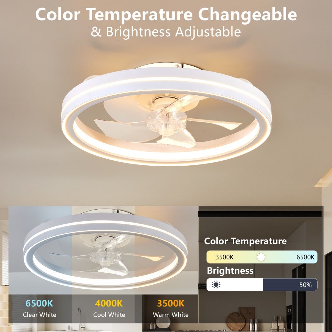RGB Ceiling Fans With Lights, 19in Smart LED Ceiling Fan With Remote APP Control, Modern Low Profile Bladeless Chandelier Fan, Dimmable White Fandelier For Bedroom, Living Room, Kitchen