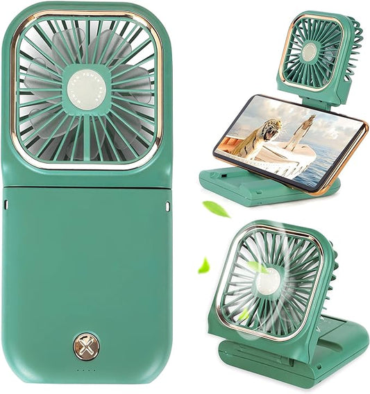 Portable Mini Fan - 5 in 1 with Phone Holder, Desk Fan, USB Rechargeable, 3000 mAh Power Bank, 3 Speed Adjustable, Neck La...