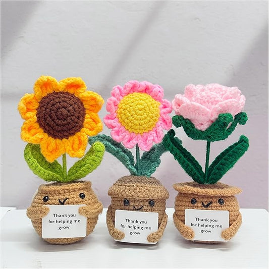 3PCS Adorable Crochet Sunflower/Rose/Daisy,Handmade Knitted Flowers,Crochet Potted Plant,Thank you for Gift,Thank you Gift...