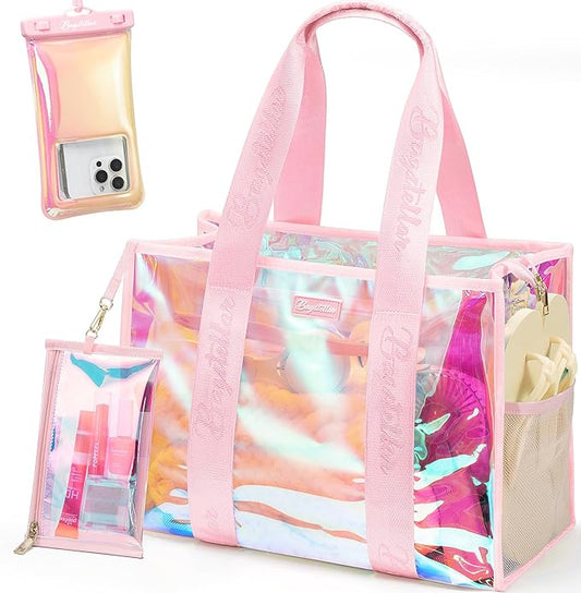 Bagstellar Iridescent Beach Tote Bags for Women, Large Zipper Beach Pool Swim Bag with Makeup Bag & Waterproof Phone Pouch...